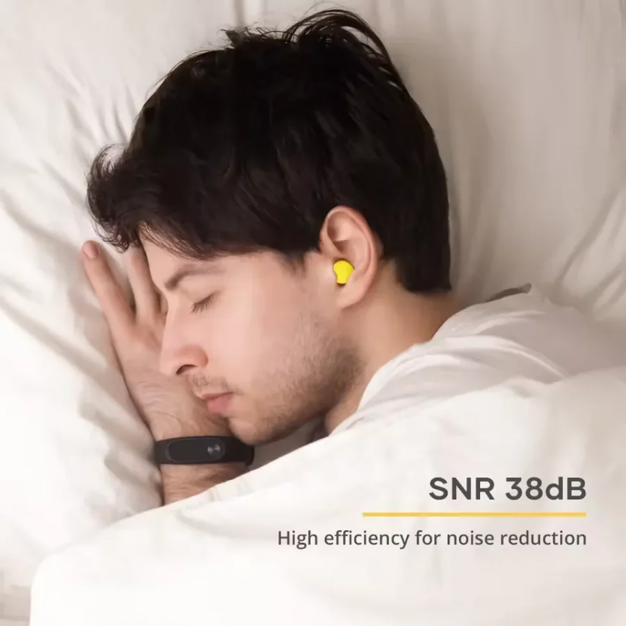 38 dB PU Foam Sleep Earplugs being worn