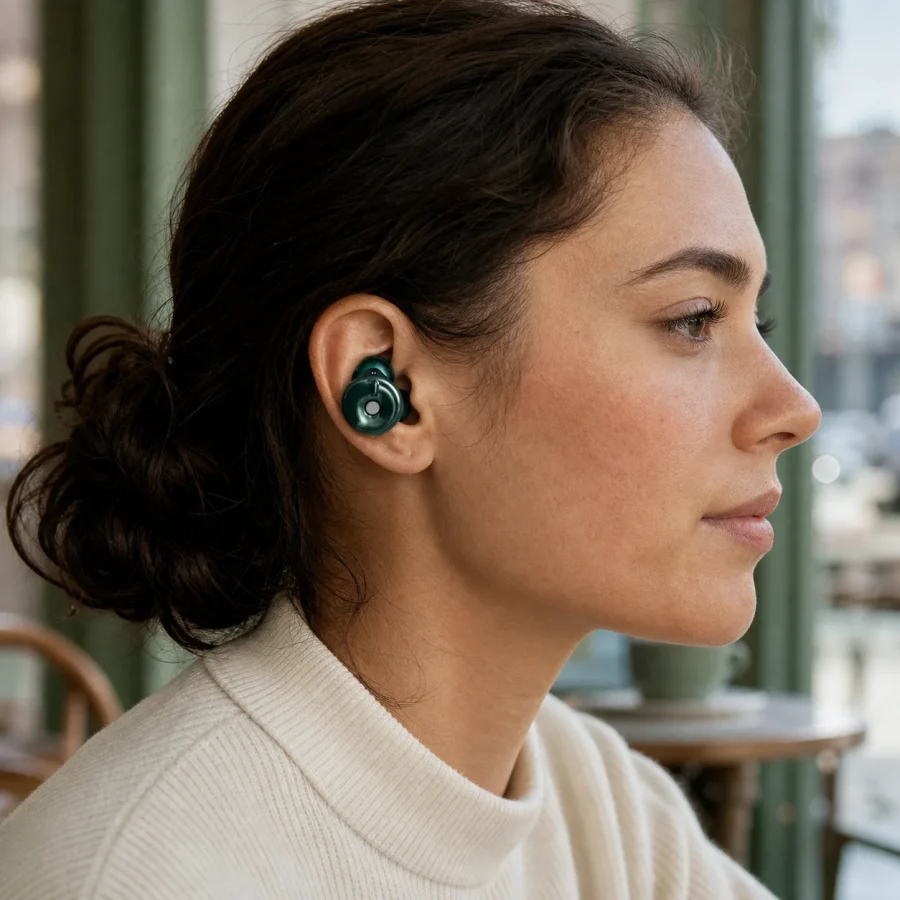 Adjustable High-Fidelity ABS Earplugs being worn