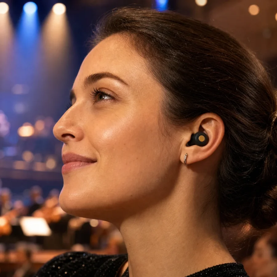 EP004MAX Silicone High-Fidelity Earplugs being worn