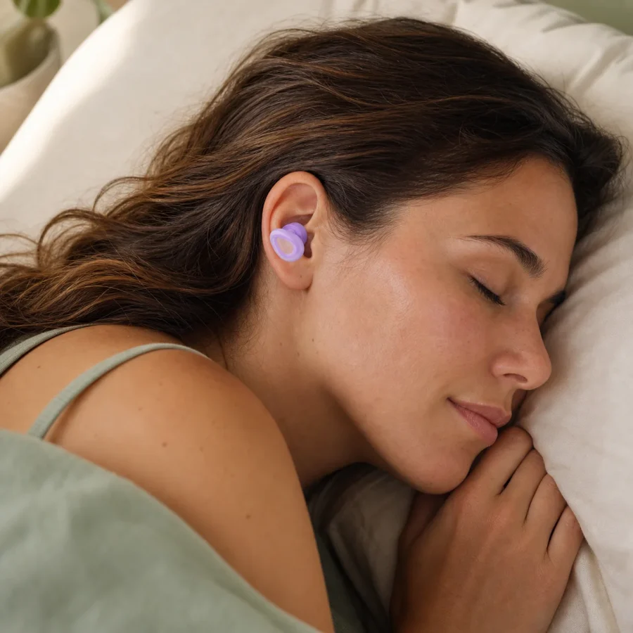 EP033MAX Reusable Silicone Sleep Earplugs being worn