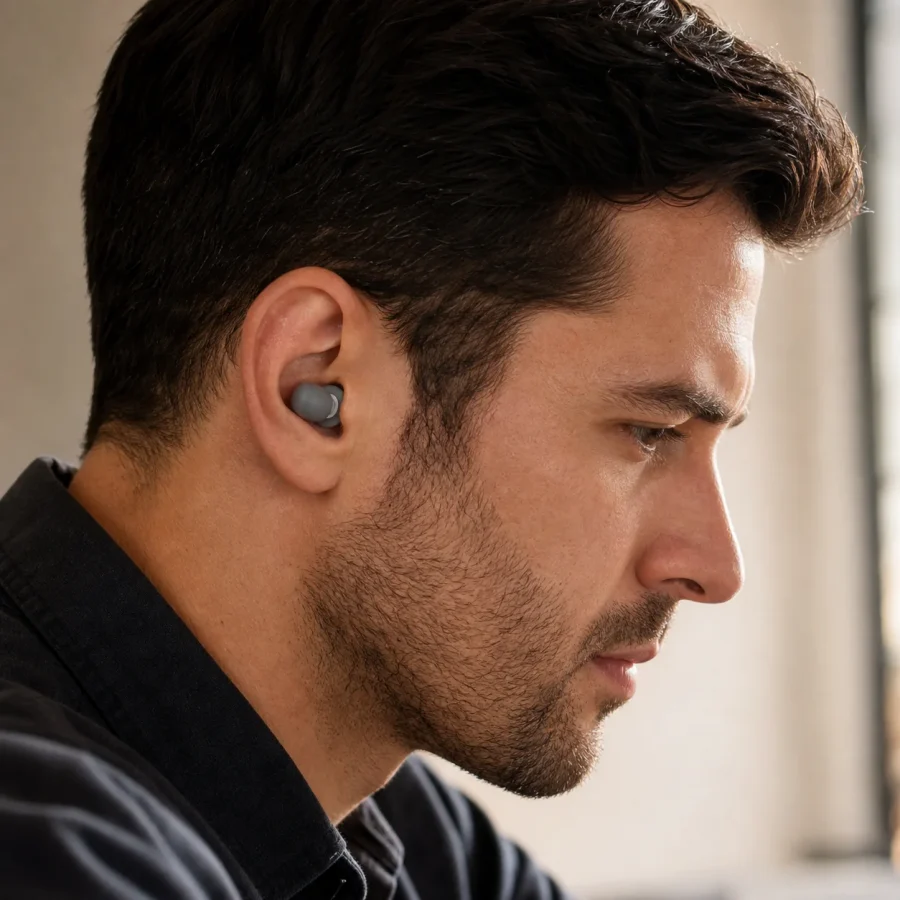 Reusable Gray Silicone Flange Push-In Earplugs being worn