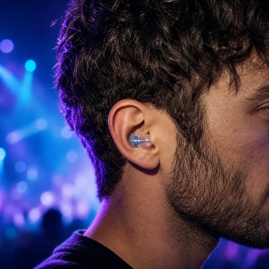 High-Fidelity Filter Music Earplugs being worn