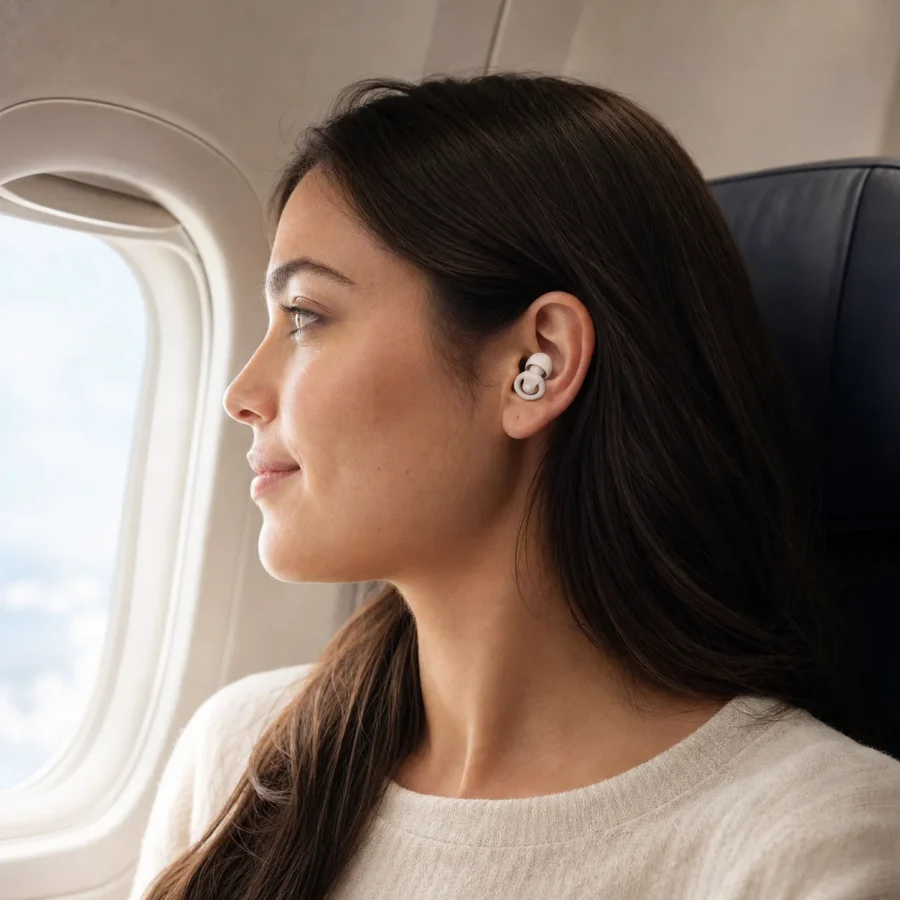 Shooting & Sleep Silicone Earplugs being worn